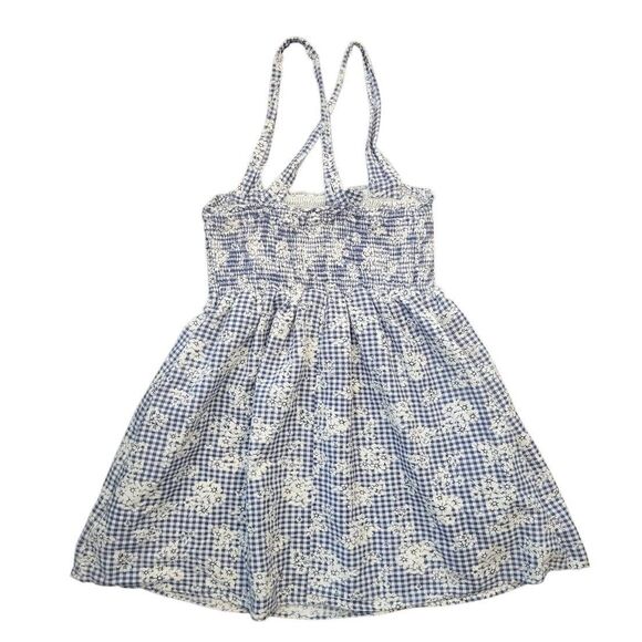 American Eagle Dress Women's Small Petite Blue White Gingam Floral Mini Smocked - Picture 3 of 5